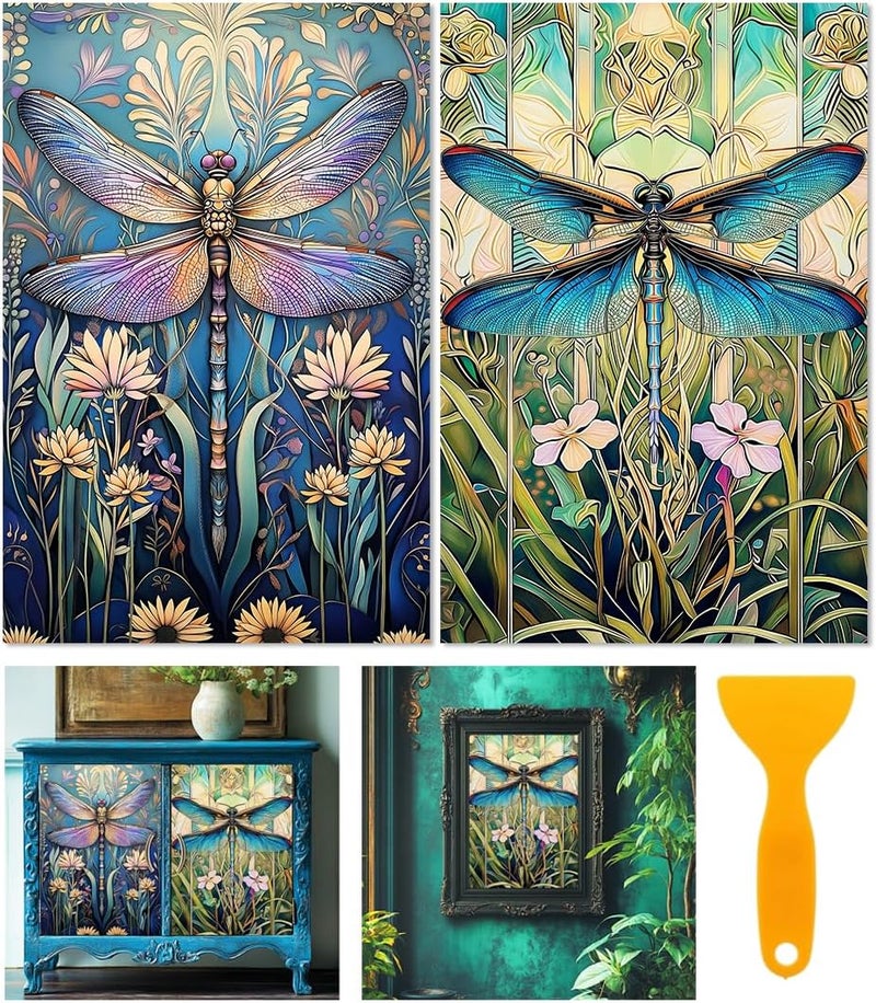 BEUNITONE 6 Sheets Dragonflies Rub on Transfers for Furniture Vintage Floral Rub on Transfer Sticker for DIY Crafts Decor Iod Transfers Stickers for Wood Dresser Glass Window Decals Waterproof 6"x12" - Image 1